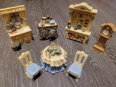 Avon Dollhouse Miniatures Victorian Style Kitchen Furniture, table, chairs, sink, stove, pantry cabinet, grandfather clock