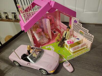 Avon Barbie and dollhouse lot, with Fold'N Fun carry case, Corvette, ken, kelly, teen skipper, dogs