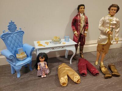 Barbie Princess and the Pauper Wedding Prince Julian Ken doll, king Dominick table chair kelly accessories crown book mirror