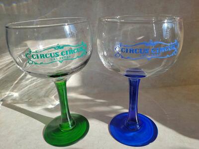 2 Large Crystal CIRCUS CIRCUS HOTEL CASINO LAS VEGAS MARGARITA GLASS's BLUE and GREEN