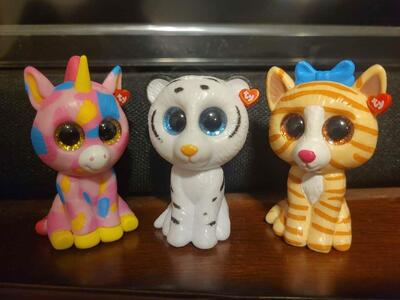 3 TY Beanie Boos Mini Boo FANTASIA the Unicorn, Tundra tiger, Tabitha cat, Collectible Handpainted Vinyl Figurine (2 inch)