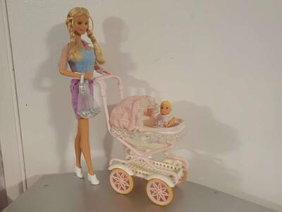 Walking Barbie and Baby Sister Krissy doll set, stroller/carrier and baby accessories