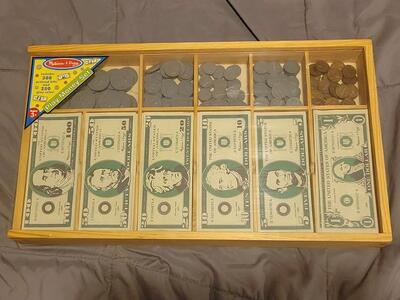 Play Money Coins & Bills Set, Counting Math Money Skills Melissa And Doug in original wood case