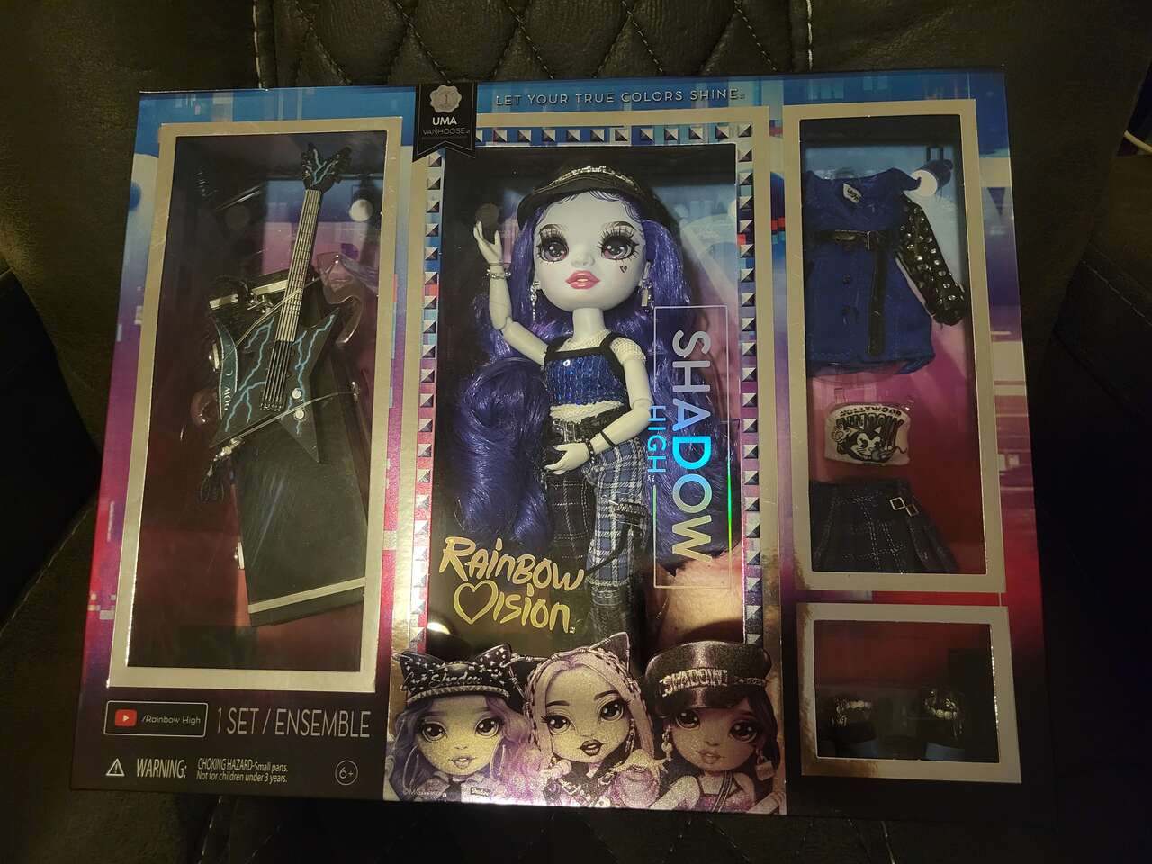 Rainbow Vision Shadow High Neon Shadow, Uma Vanhoose Fashion Barbie Doll with 2 Designer Outfits, guitar & case