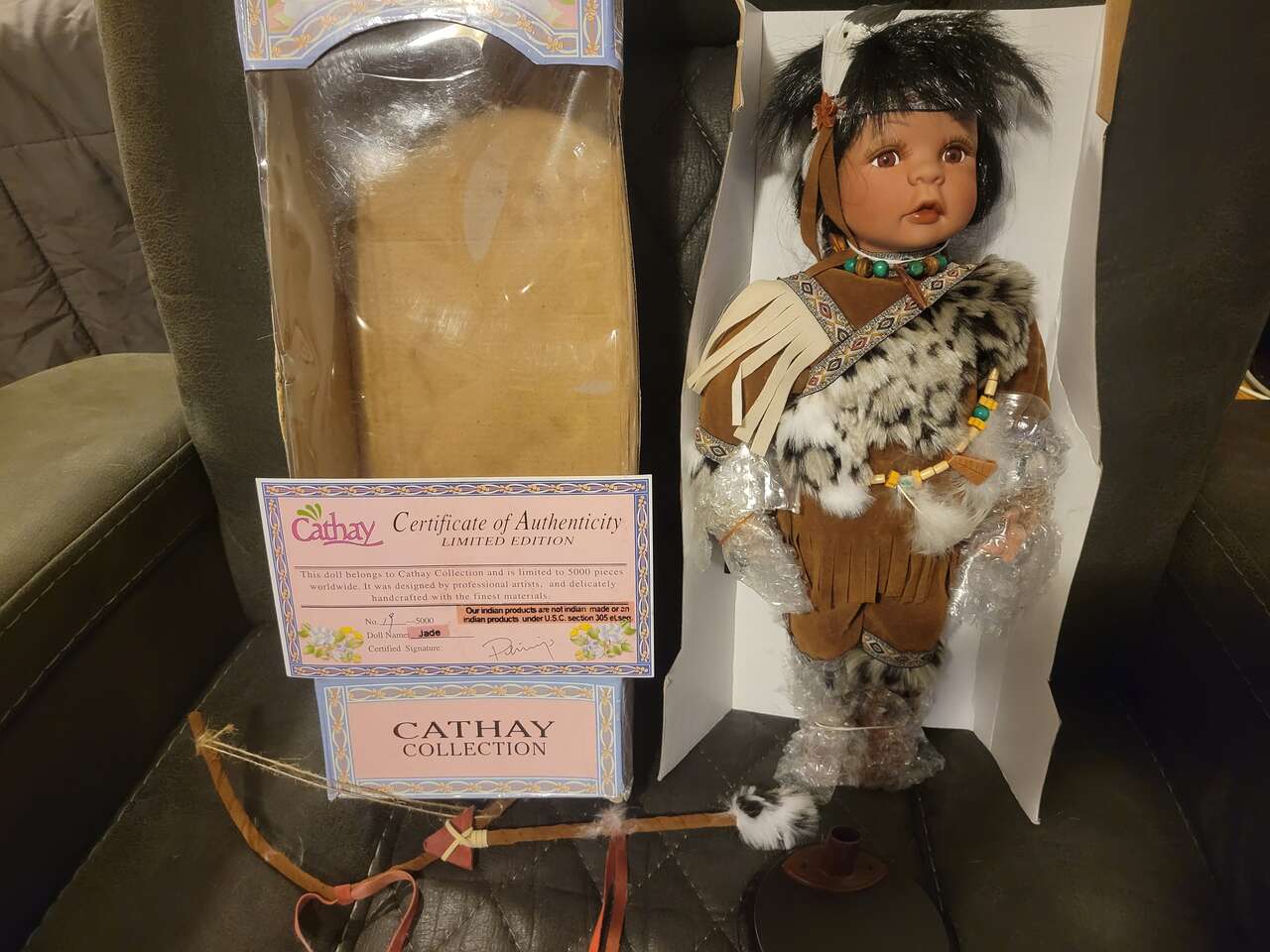 Baby face Limited Edition INDIAN Porcelain China Doll by Cathay Collection New damaged box, Bow & Arrow, Stand, Certificate