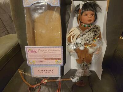 Baby face Limited Edition INDIAN Porcelain China Doll by Cathay Collection New damaged box, Bow & Arrow, Stand, Certificate