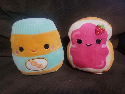 Mini Squishmallows, by KellyToys Antoine the Peanut Butter Jar 5" Iman the Jelly Toast 5" soft stuffed plush Animal/Food