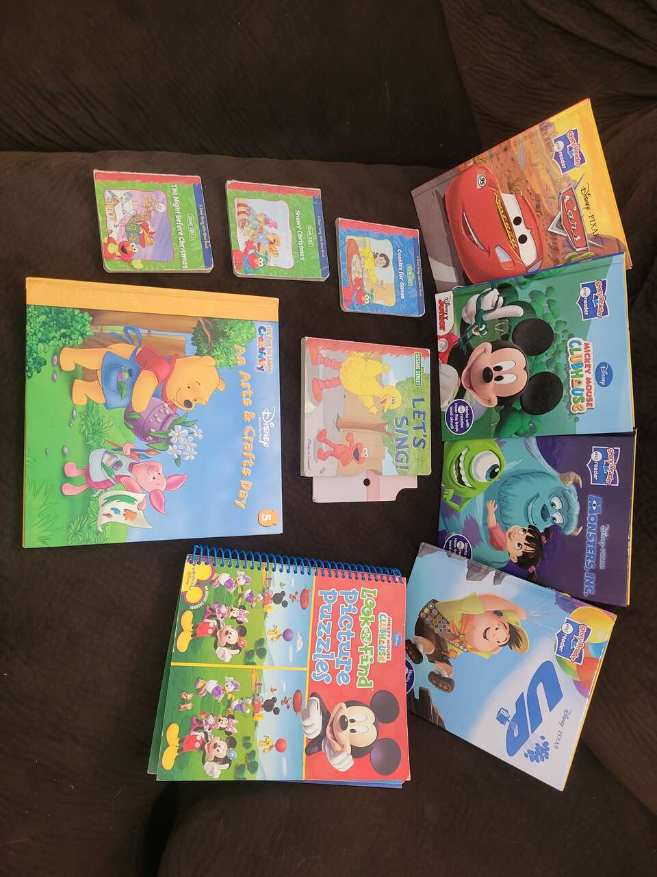 Disney, Sesame Street books Winnie Pooh bear, Arts crafts.., Cars, Monsters Inc, Mickey Mouse Clubhous puzzles, Christmas