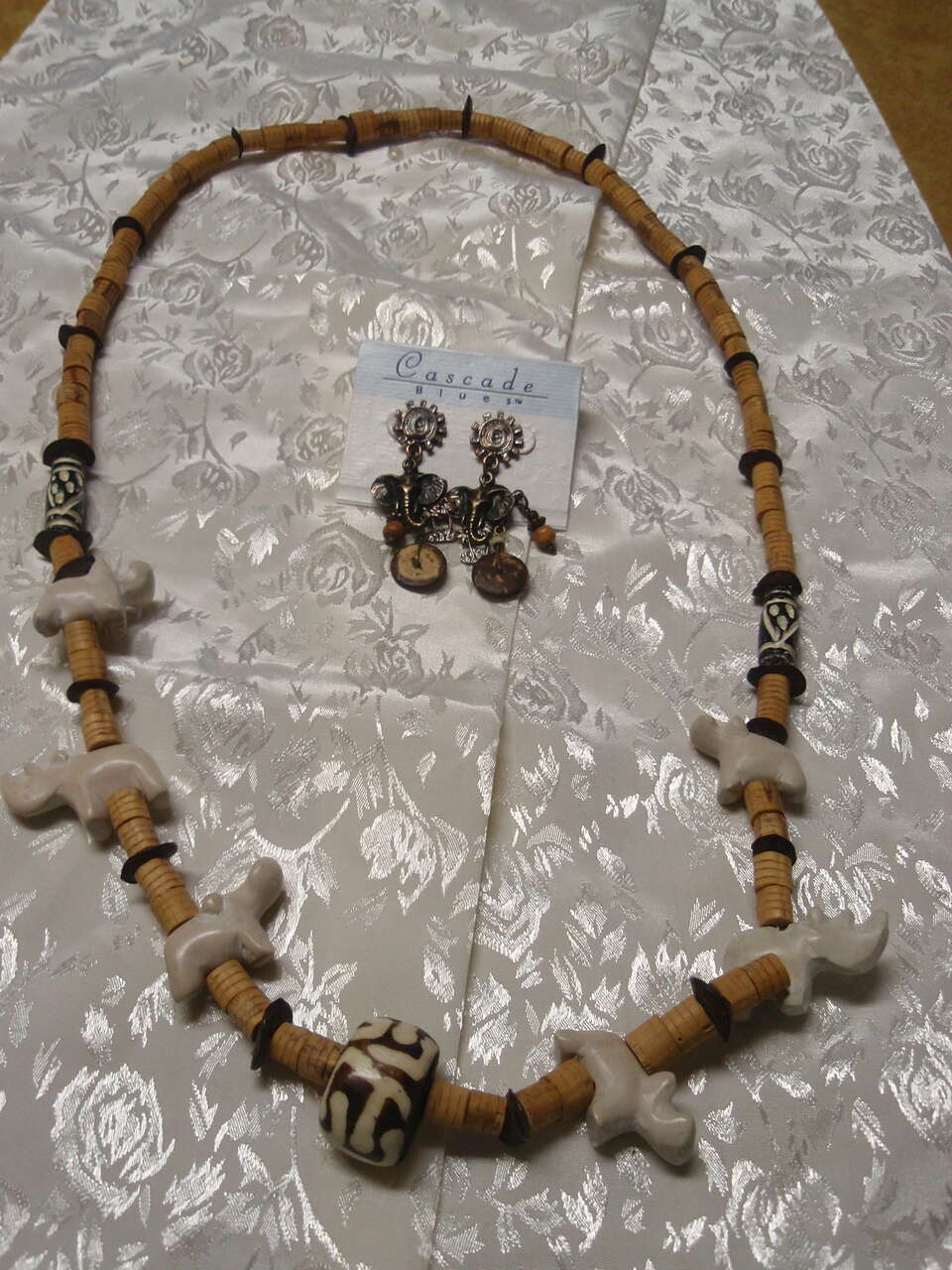 African carved  wood and stone animal necklace and earrings