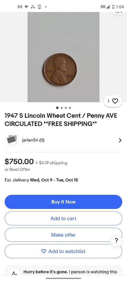 This 1947 S Lincoln Wheat Cent/Penny