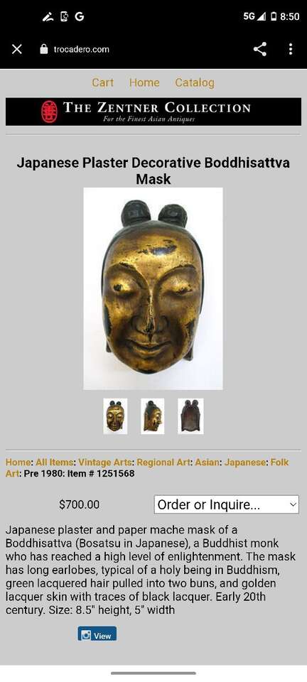 Japanese plaster and paper mache mask of a Boddhis