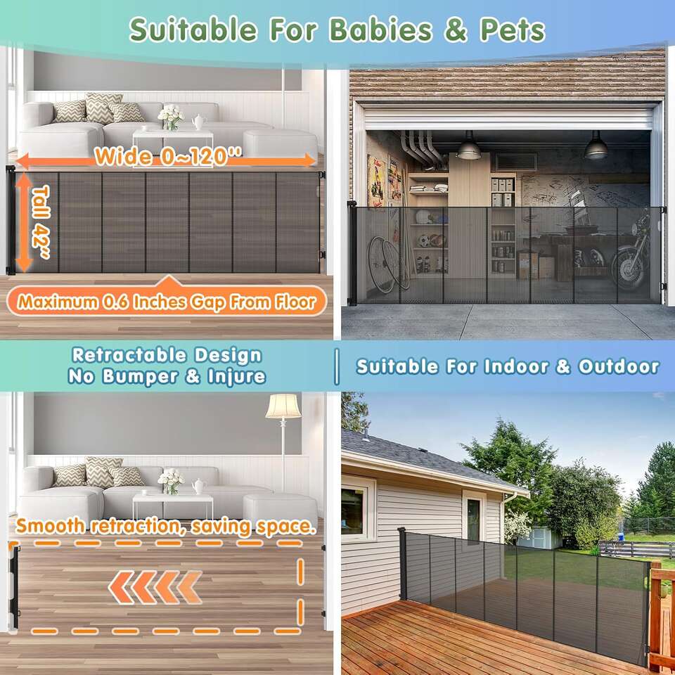 42" Tall up to 120" Wide Opening Retractable Doorway Stairs Reinforced Safety Child Pet Gate