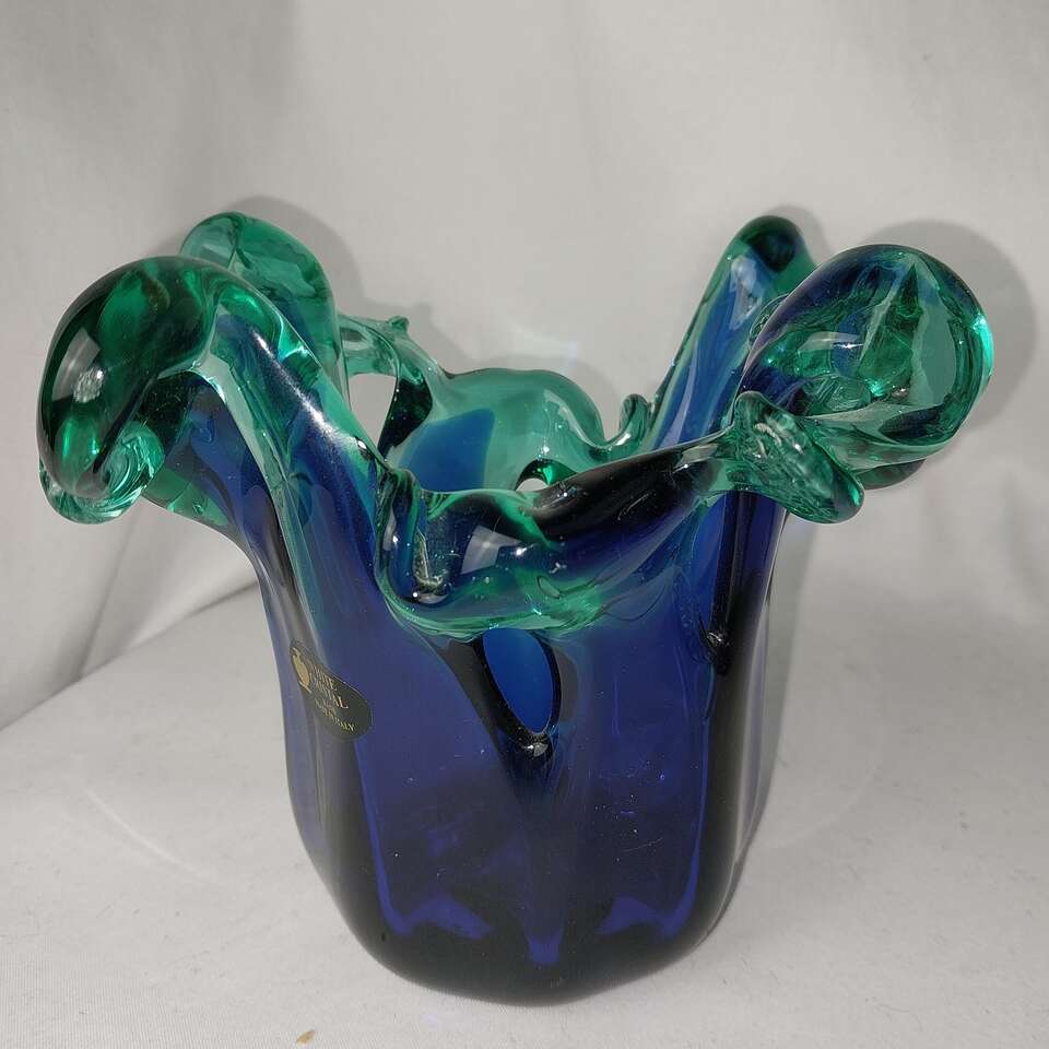 Murano "white crystal" blue green art glass dish
