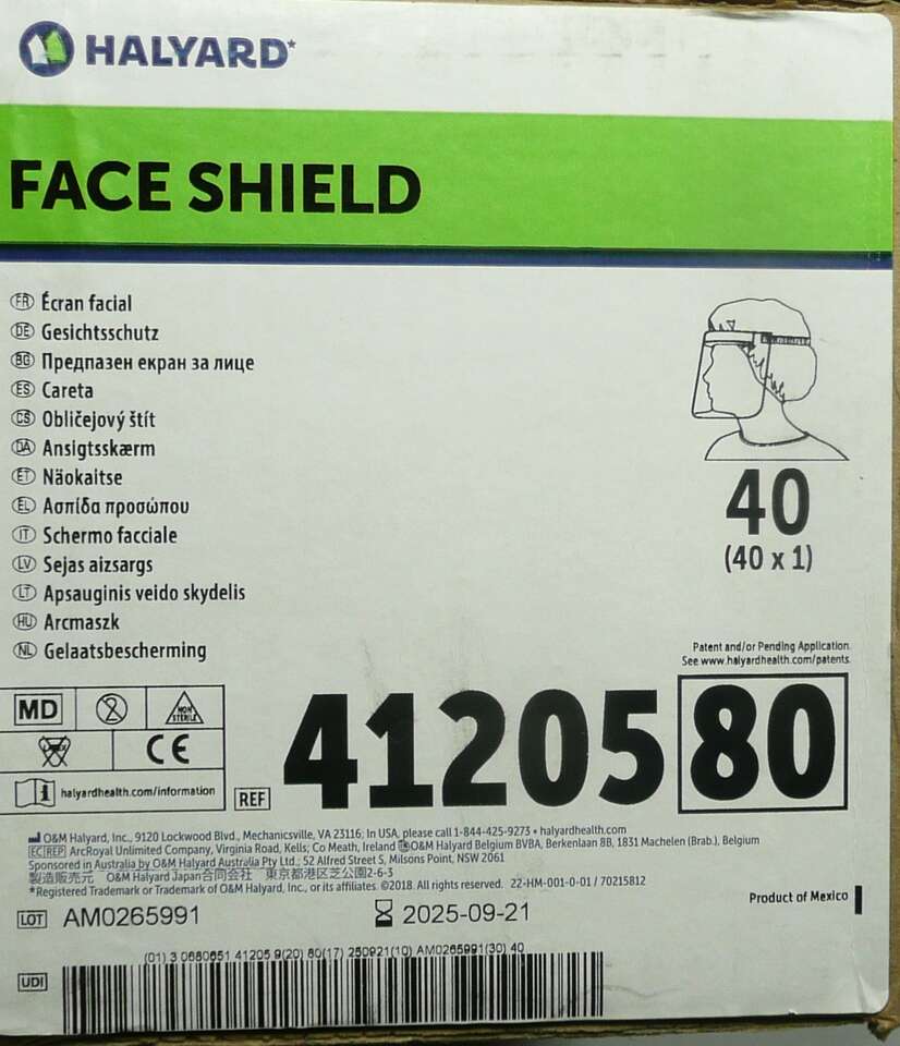 Halyard 41205 fog-resistant Full Length Face Shields  (Case of 40)