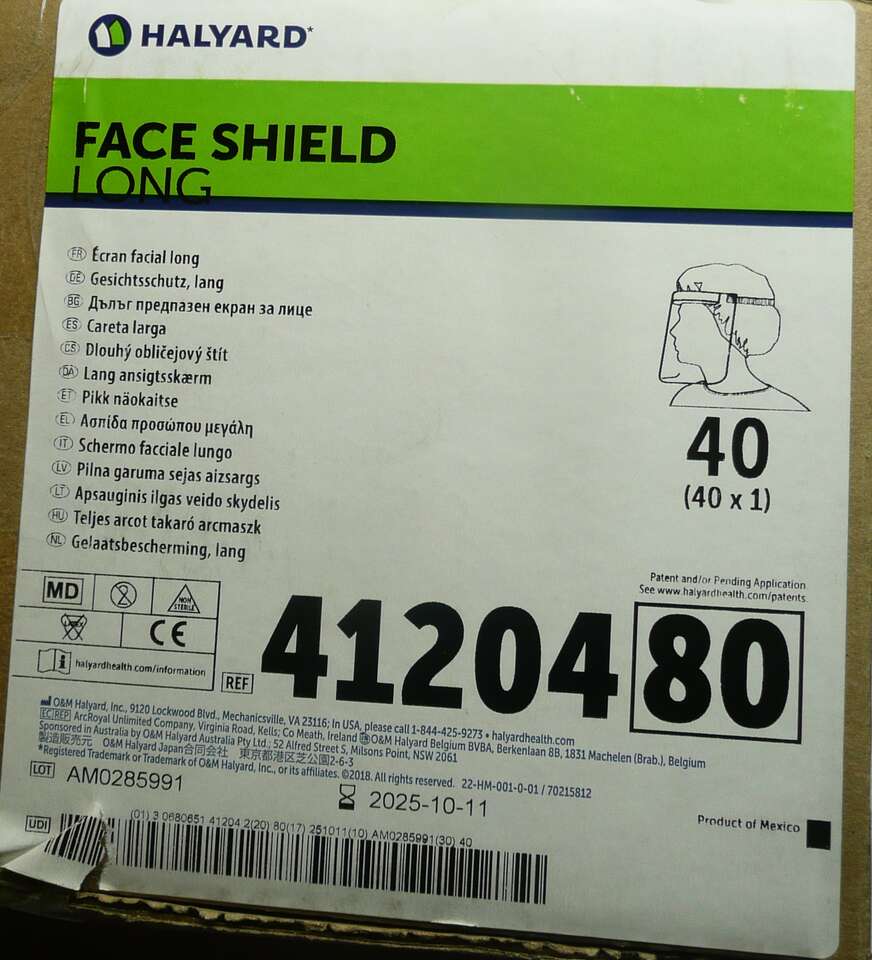 Halyard 41204 fog-resistant LONG Length Face Shields  (Case of 40)