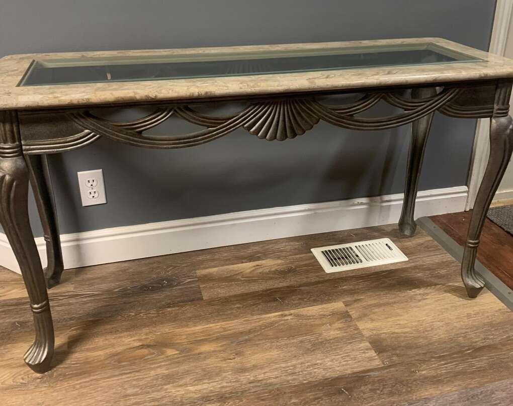 console/Entryway Iron marble and glass top