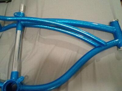 Intense Lazer blue pearl and aqua blue metal flake lowrider bike frame with chrome plated center Post