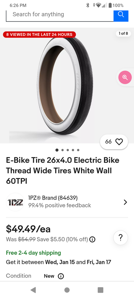 Brand new 26x4.0 e bike electric bicycle whitewall tire