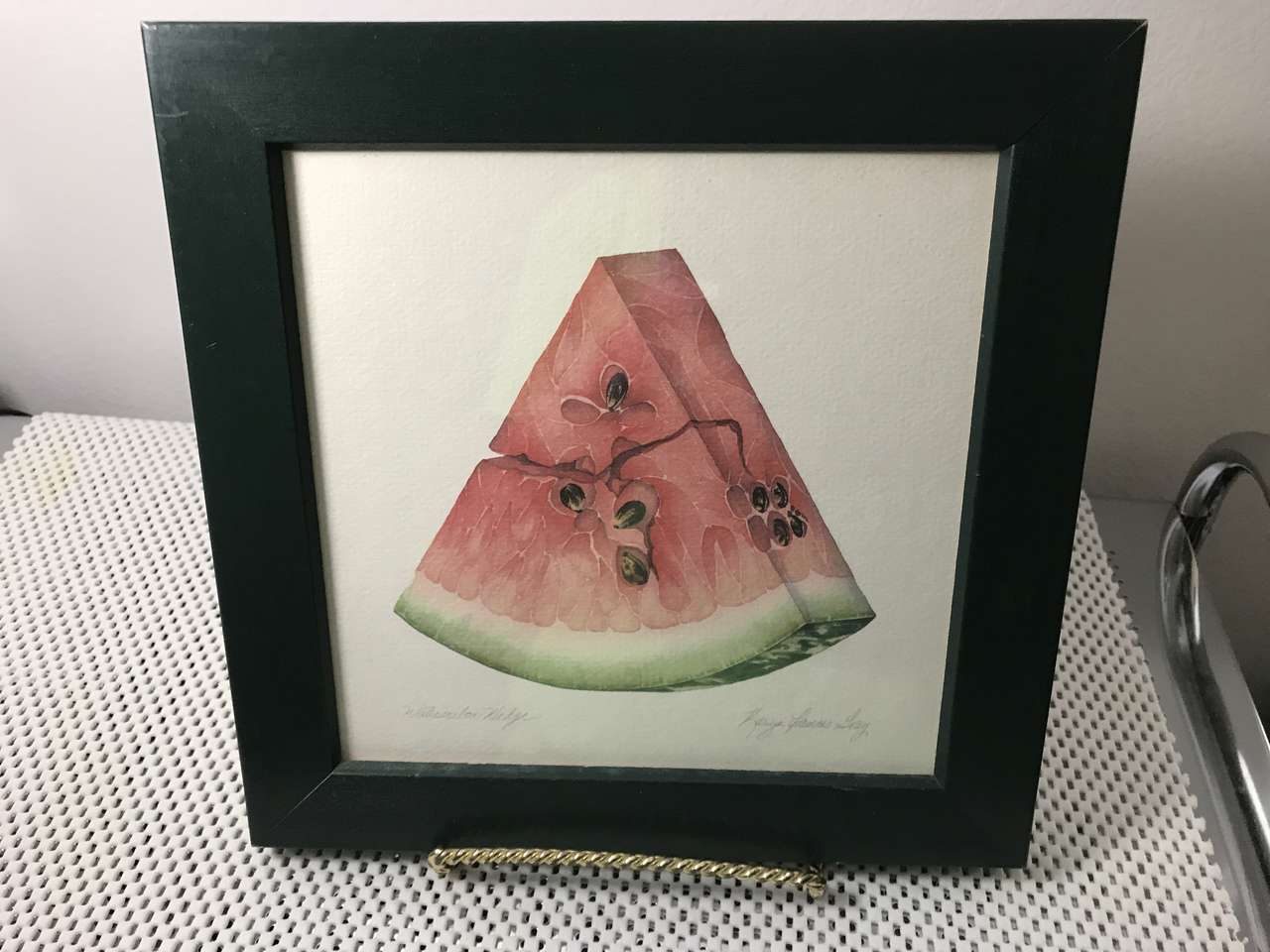 Karen Frances Gray WATERMELON WEDGE Signed Framed under Glass 10 1/8” sq.
