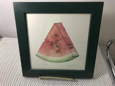 Karen Frances Gray WATERMELON WEDGE Signed Framed under Glass 10 1/8” sq.