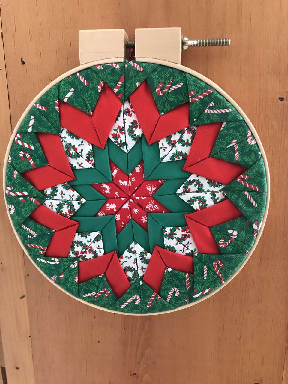 PICK from below, Lot of 4 Christmas Handmade Wall Hangings, Hoop Framed Folded Star Quilt, Hearts, Bells, Braided Hearts