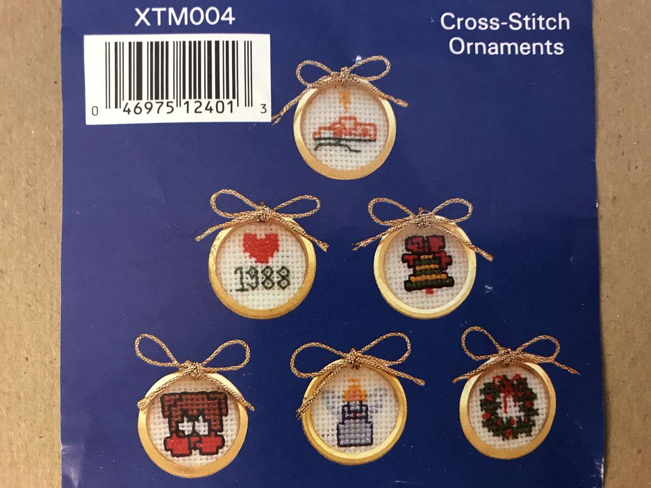 Cross-Stitch Ornaments Set of 18, Framed with Brass Rings, Size of Penny, Handmade or