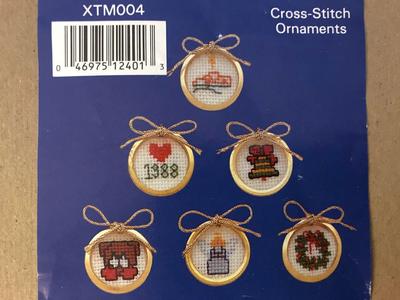 Cross-Stitch Ornaments Set of 18, Framed with Brass Rings, Size of Penny, Handmade or