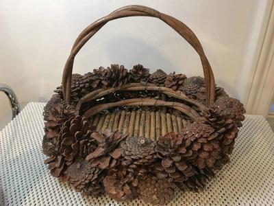 Pinecone and Vine Basket 12”l x 9”w x 9”h Vintage Christmas Holiday Decor and 1 Planter Stick Basket