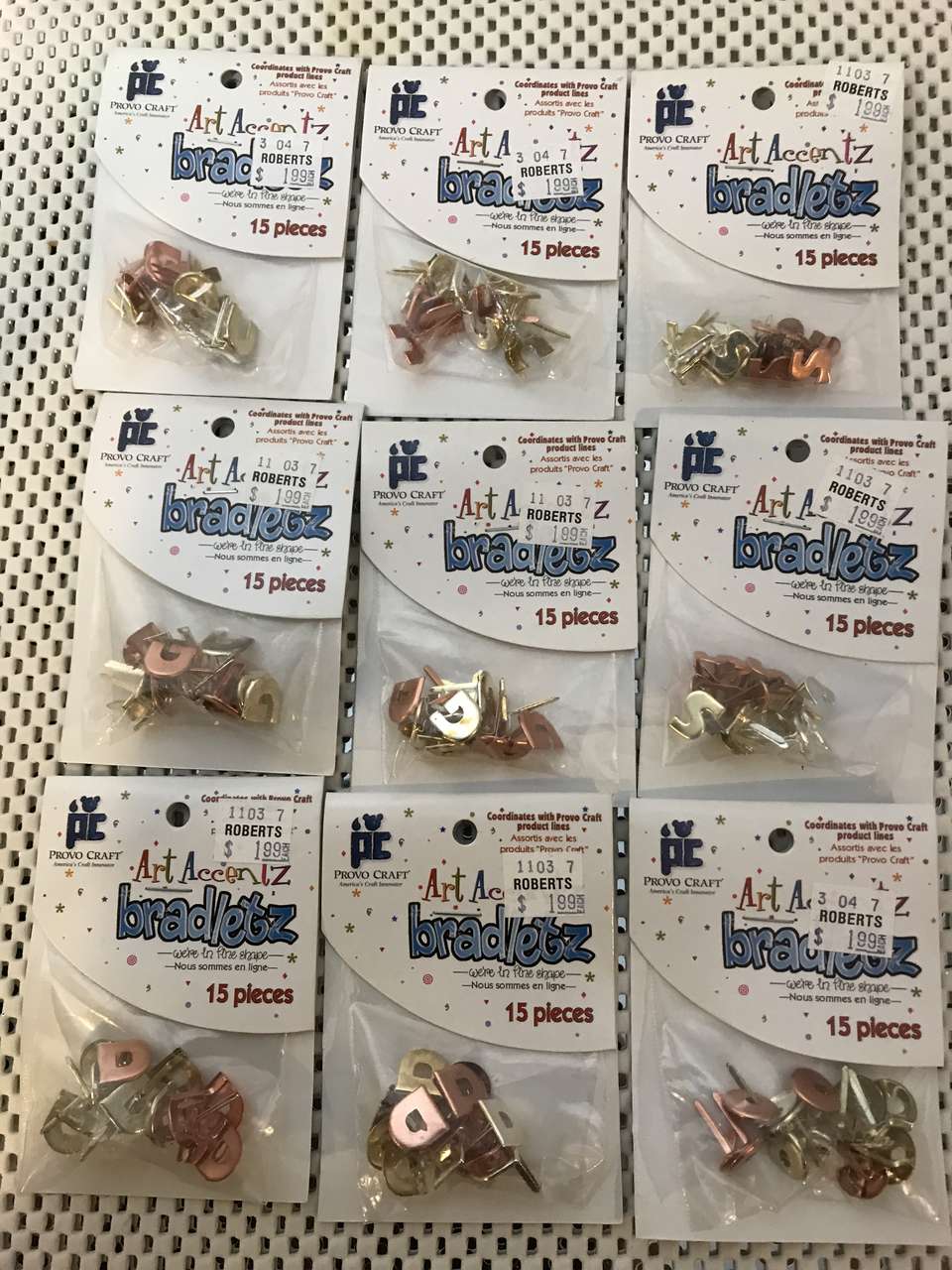 Bradletz Lot of 9 Packages of Brads D, G, O, S & U, 15 pcs per Package, NIP & Alpha Snaps