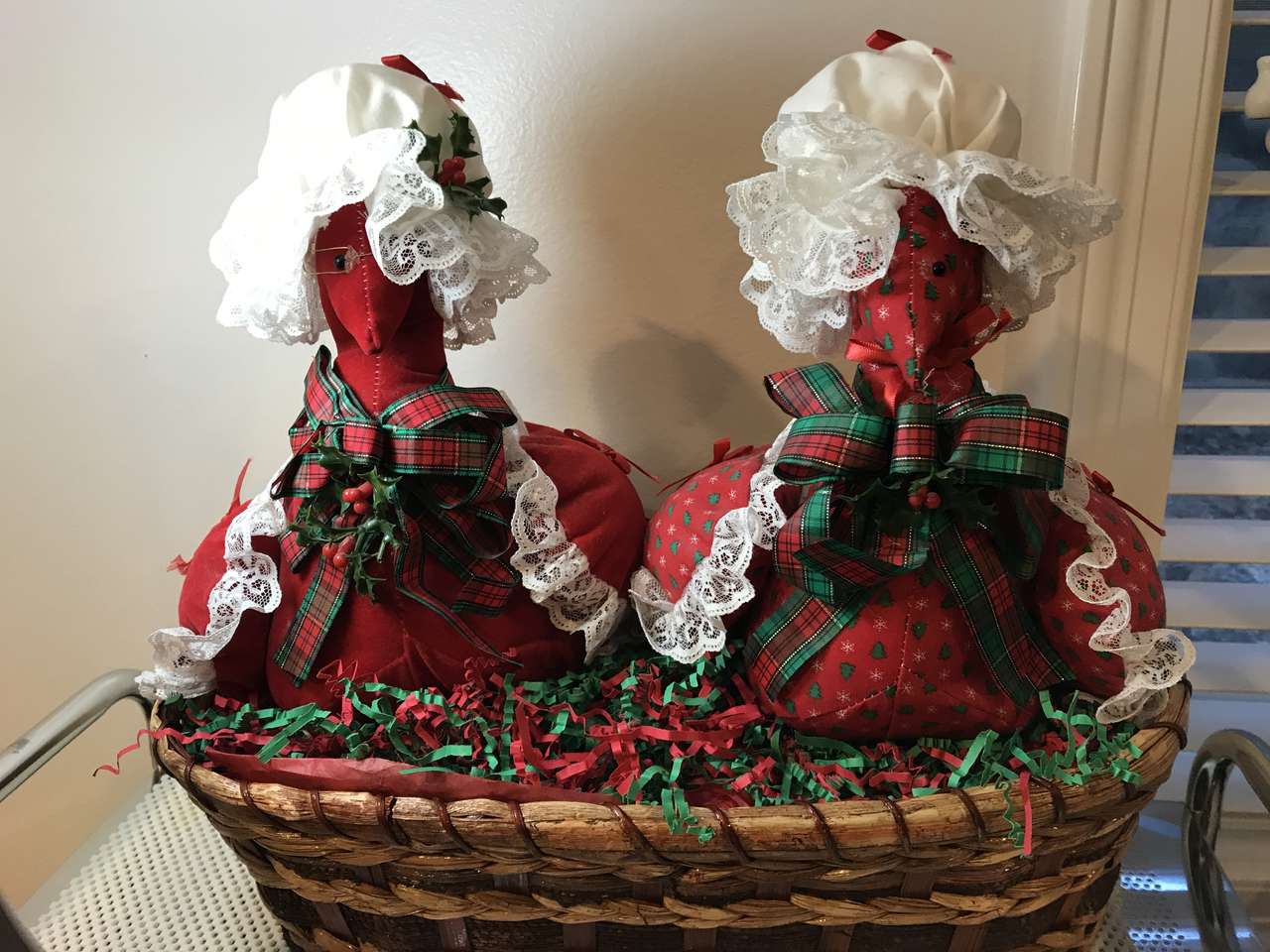 Christmas Chickens in a Basket, 15”W x 10”D x 15”H, Vintage