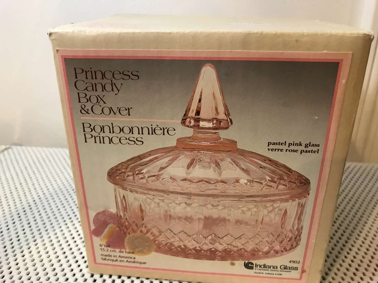 Princess Candy Box and Cover, Pastel Pink Glass 6in Tall, Indiana Glass, Vintage