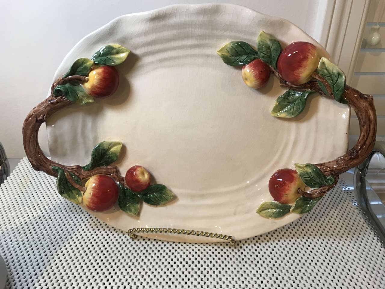 Ceramic Platter 3D Apples and Branches Handles Design, 15in x 11in, Rare, Creative Co-op