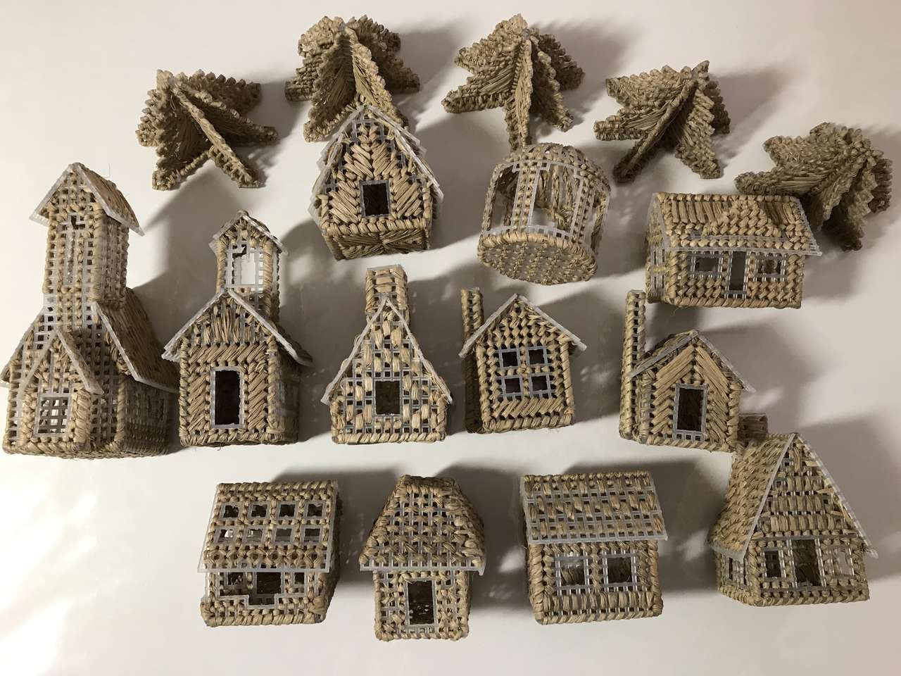 Christmas Village Tree Ornaments Handmade with Plastic Canvas and Raffia, New or