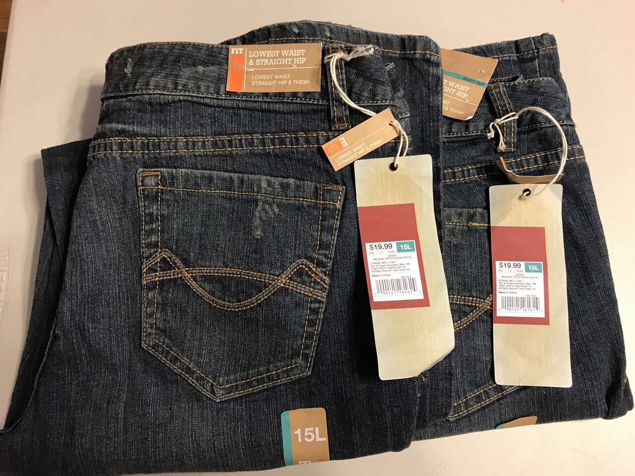 CHOOSE - Mossimo Denim Womens 15L Medium Tinted Wash, Bootcut Lowest Waist, Straight Hip and Thigh, 2 Pairs, New or Tops