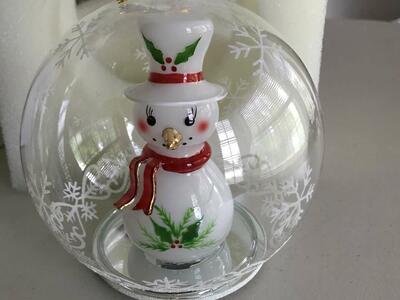 Vintage Sorelle Spun Glass LED Snowman Globe Ornament and Wimpole Street Creations Snowman Coat Pin and