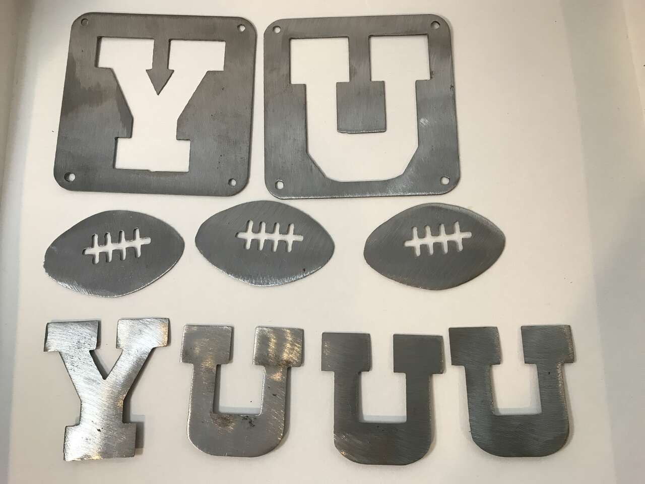 U of U and BYU Metal Laser Cut Steel Plates, Y and U Fridge Magnets and 3 Footballs
