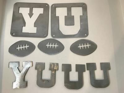U of U and BYU Metal Laser Cut Steel Plates, Y and U Fridge Magnets and 3 Footballs