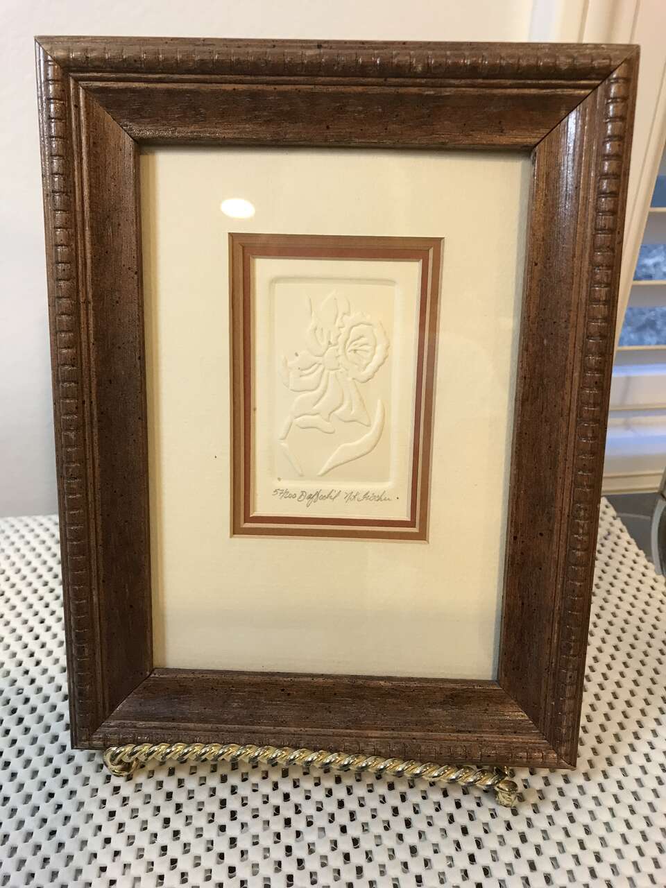 2 Framed Glass Covered Embossed Iris and Embossed Daffodil by N K Fisher. Frames are 6 1/2" x 8 1/2"