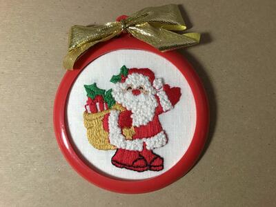 CHOOSE Set of 6 Hand Embroidered Red Plastic Framed Christmas Tree Ornaments, 4 1/4in Dia