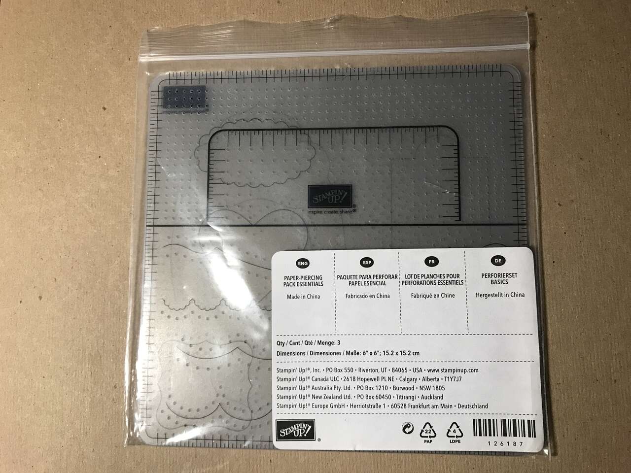 Stampin Up Paper Piercing Pack Essentials containing 3 Total, 6” x 6”, New