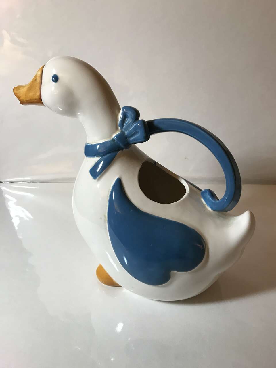 Vintage Mother Goose Watering Pitcher Ceramic White With Grey/Blue Bow