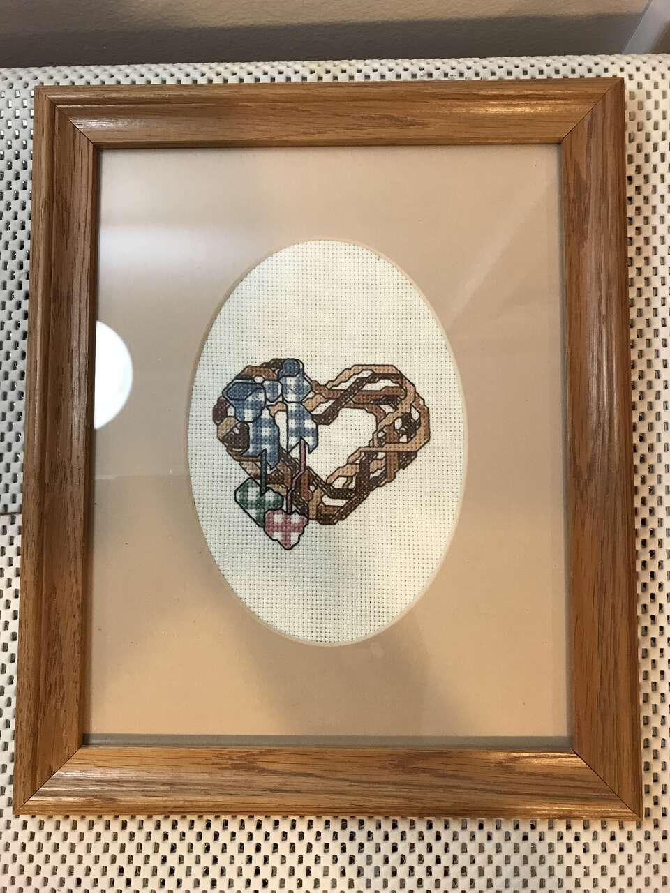 Cross Stitched Framed Vine Heart 9 1/2” x 11”