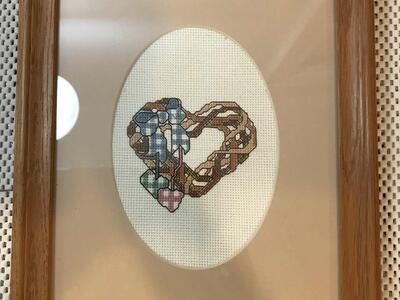 Cross Stitched Framed Vine Heart 9 1/2” x 11”