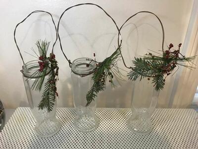 Christmas Table Decor 3 Clear Glass Jars/Flower Vases 7in Tall x 2in Dia