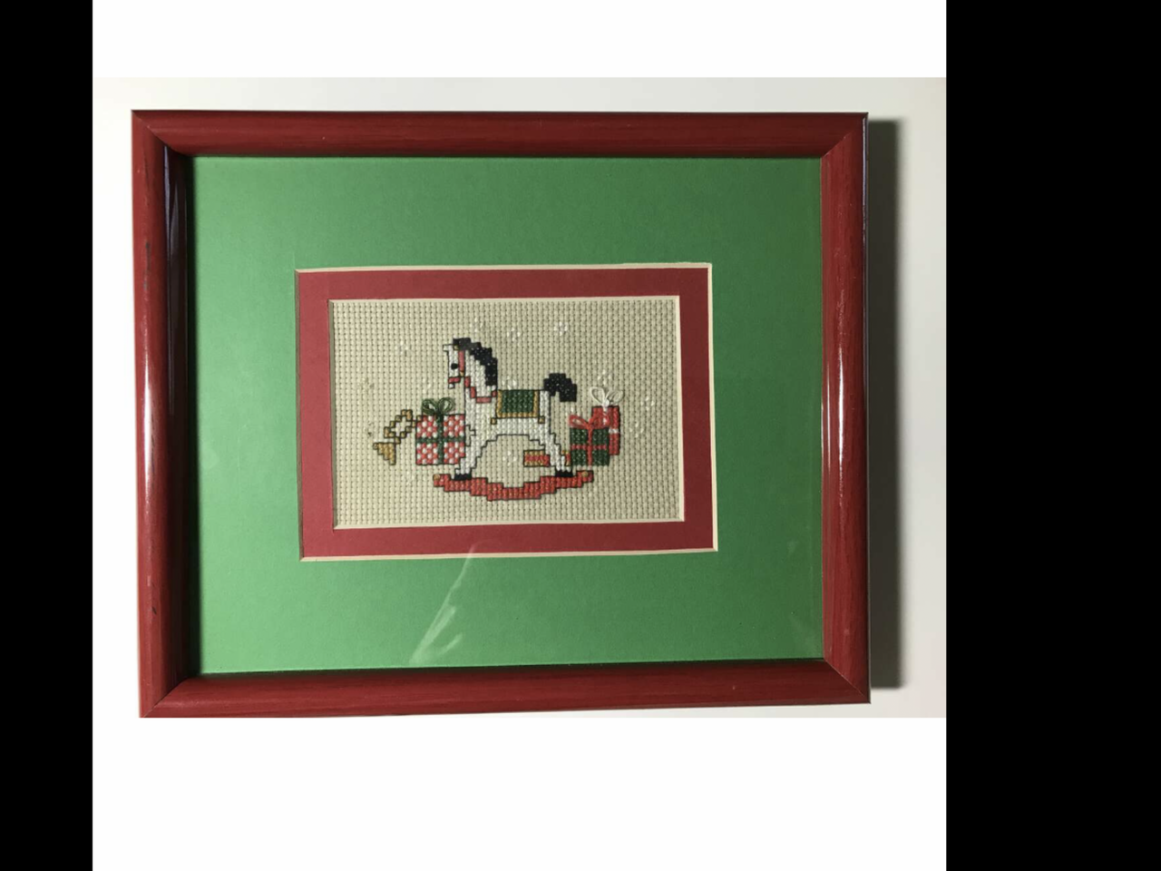 Rocking Horse Cross Stitch Red Wood Frame, Christmas Decor