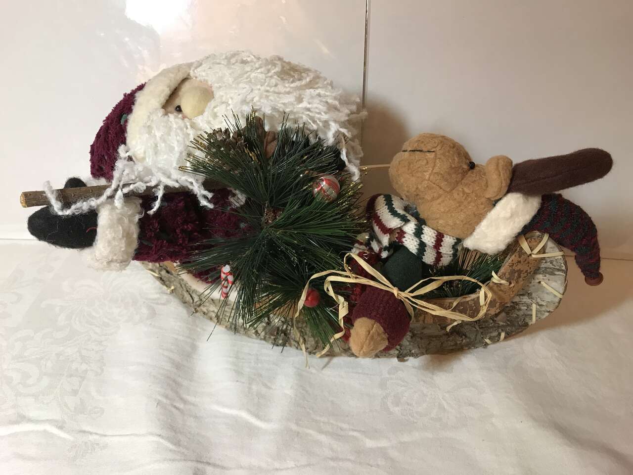Santa and Reindeer In A Canoe Christmas Rustic Decor, 15 ins x 8 high, Vintage