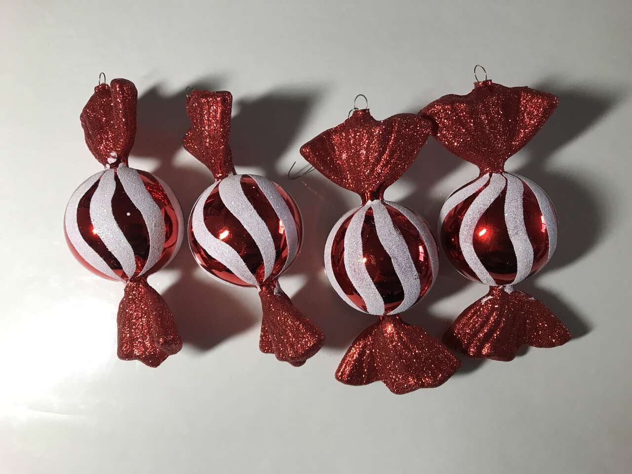 10 Christmas Tree Ornaments Red and White Candies w/Cane Stripe Shatterproof Set of 13, 6 in Long