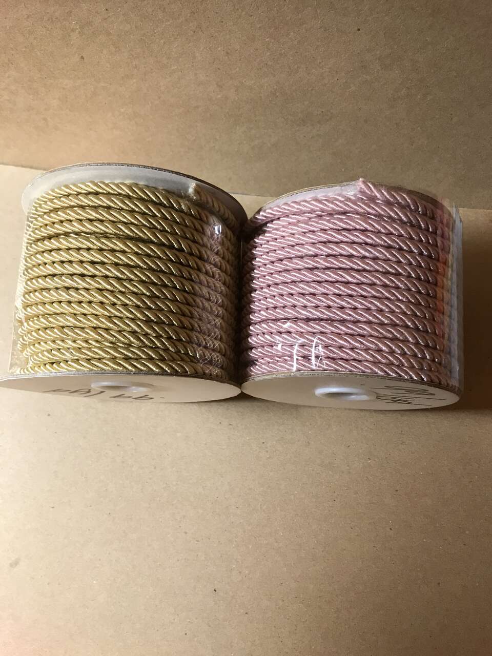 Twisted Beige or Mauve Shimmer Cord Trim, Solid - Nylon with Wired Center, 3/16 in x 26 yds, New