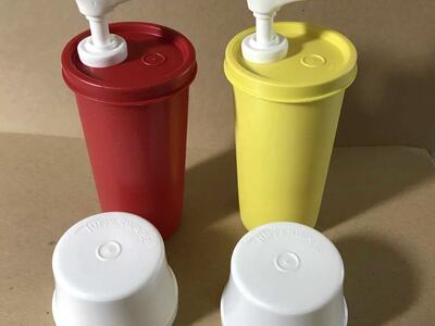 Vintage Tupperware Ketchup & Mustard Condiment Pump Dispensers Red, Yellow and White Colors