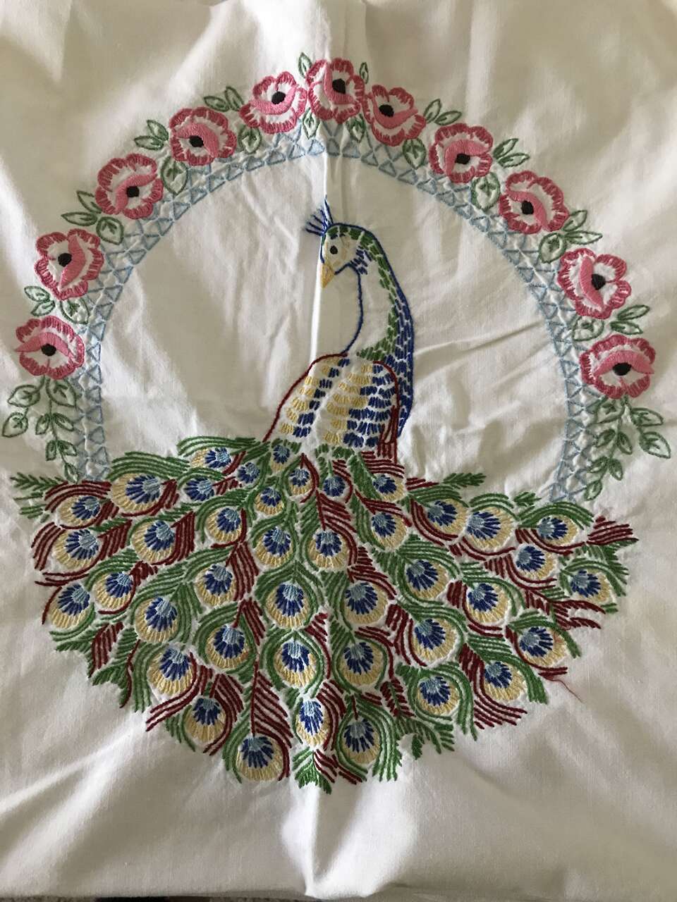 Vintage Embroidered Peacock Playing Card Table Cloth, Crocheted Edges, Embroidered Corner, 54” Square